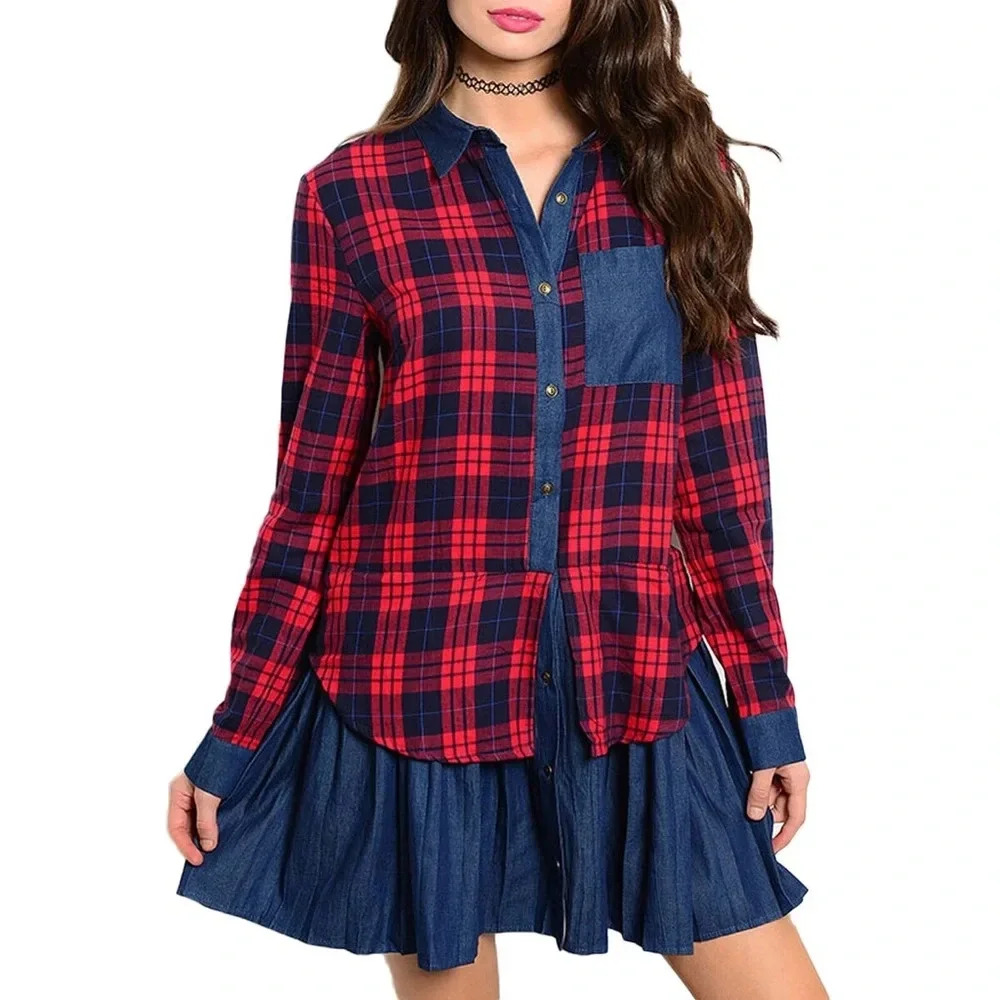 DO+BE Cotton Red & Blue Plaid Long Sleeves Pocket Denim Mini Dress Size Small‎